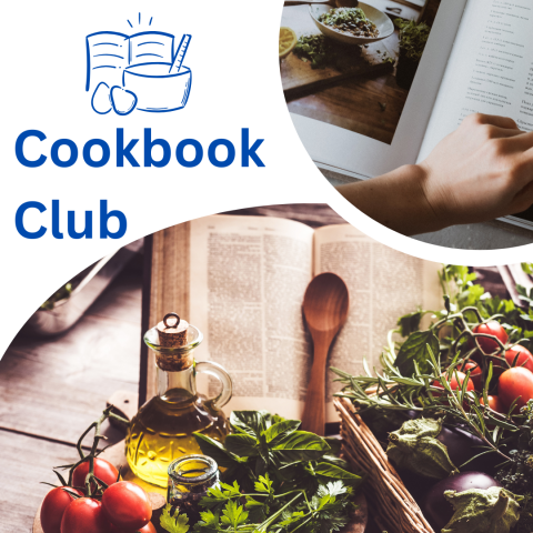 Cookbook Club image contains a cookbook on a kitchen table with vegetables around and a wooden spoon, as well as a 2nd image of a hand turning a page in a cookbook