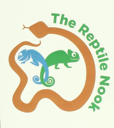 image of 2 chameleons (blue and gree) with linked tails, surround by an orange snake with the words The Reptile Nook running along the side of the snake.