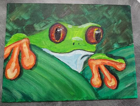 painting of a red eyed tree frog peering between two leaves