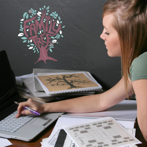 girl resarching her family tree on a laptop