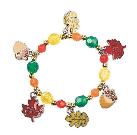 fall bracelet in yellow, green, orange and rec beads with acorn and leaf charms