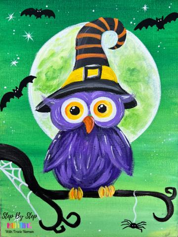 painting of a purple owl wearing a witches hat, sitting on a branch in front of moon on a green sky with bats and spiders