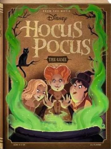 Houcs Pocus gmae cover with an illustration of the sanderson sisters behind a cauldron with green smoke