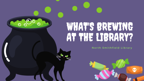 cauldron and cat with candy - what's brewing at the library