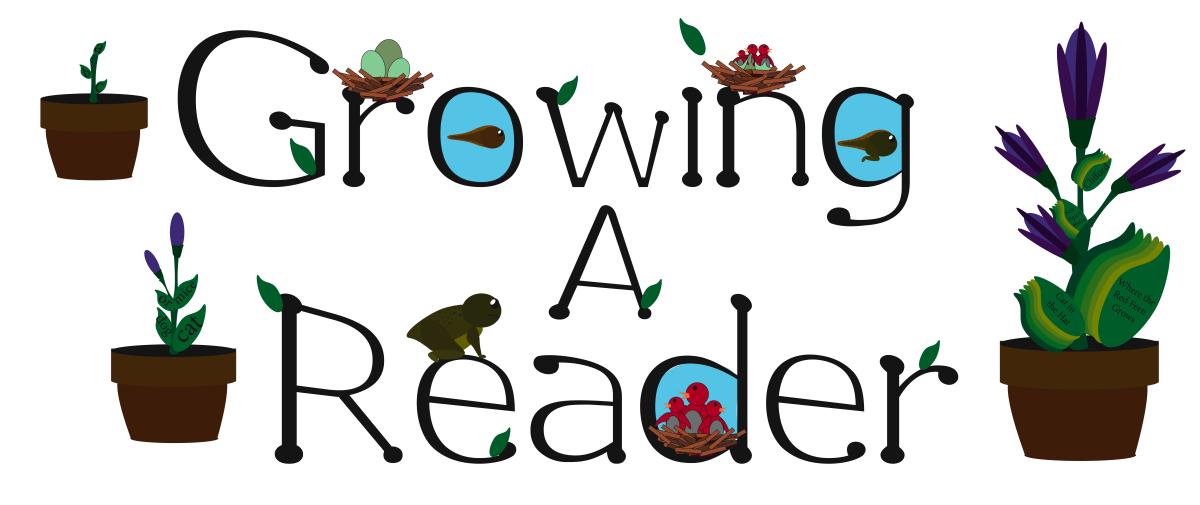 Banner that reads Growing a Reader with different life stages of frogs, birds and plants scattered throughout