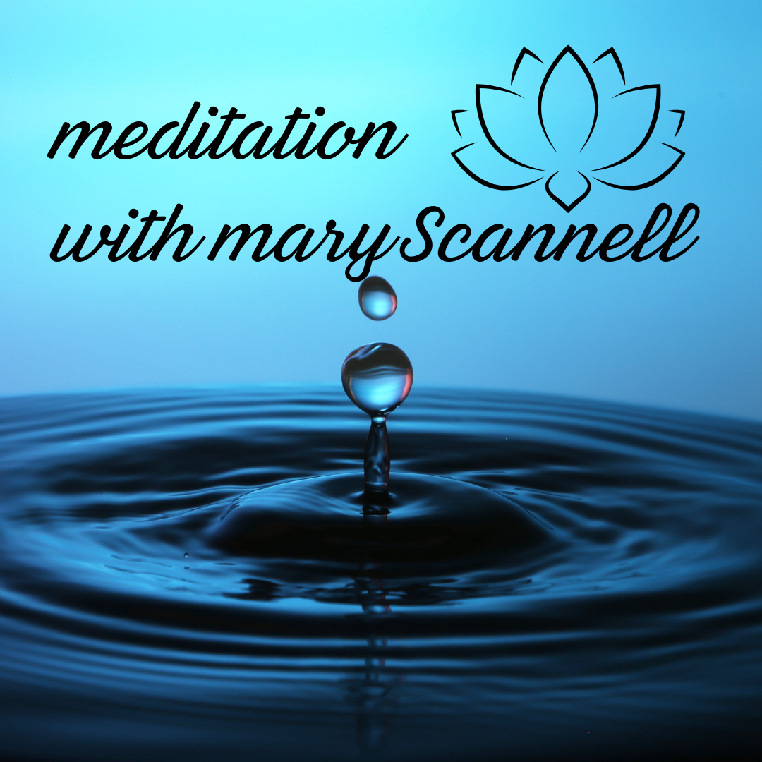 Meditation with Mary Scannell with a water drop in the background and a sketch of a lotus