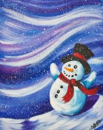 snowman in a snow flurry painting