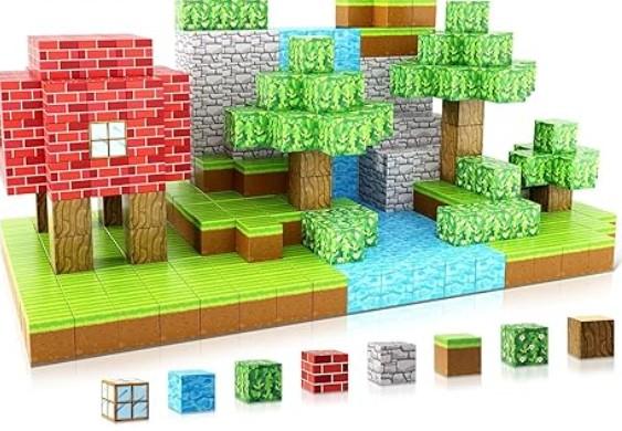 magnetic cubes creating a woodland scene similar to minecraft